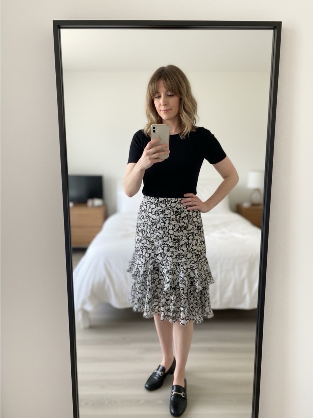 Ann Taylor Floral Ruffle Midi Skirt Size 10 Black White Flounce Hem